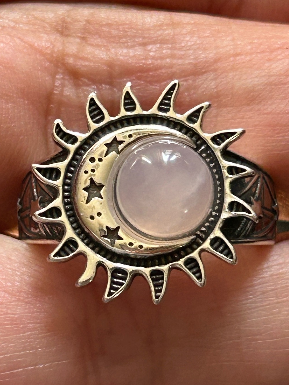 Pink Rose Quartz Crystal S925 Silver Sun Moon Stars Celestial Ring New Jewelry